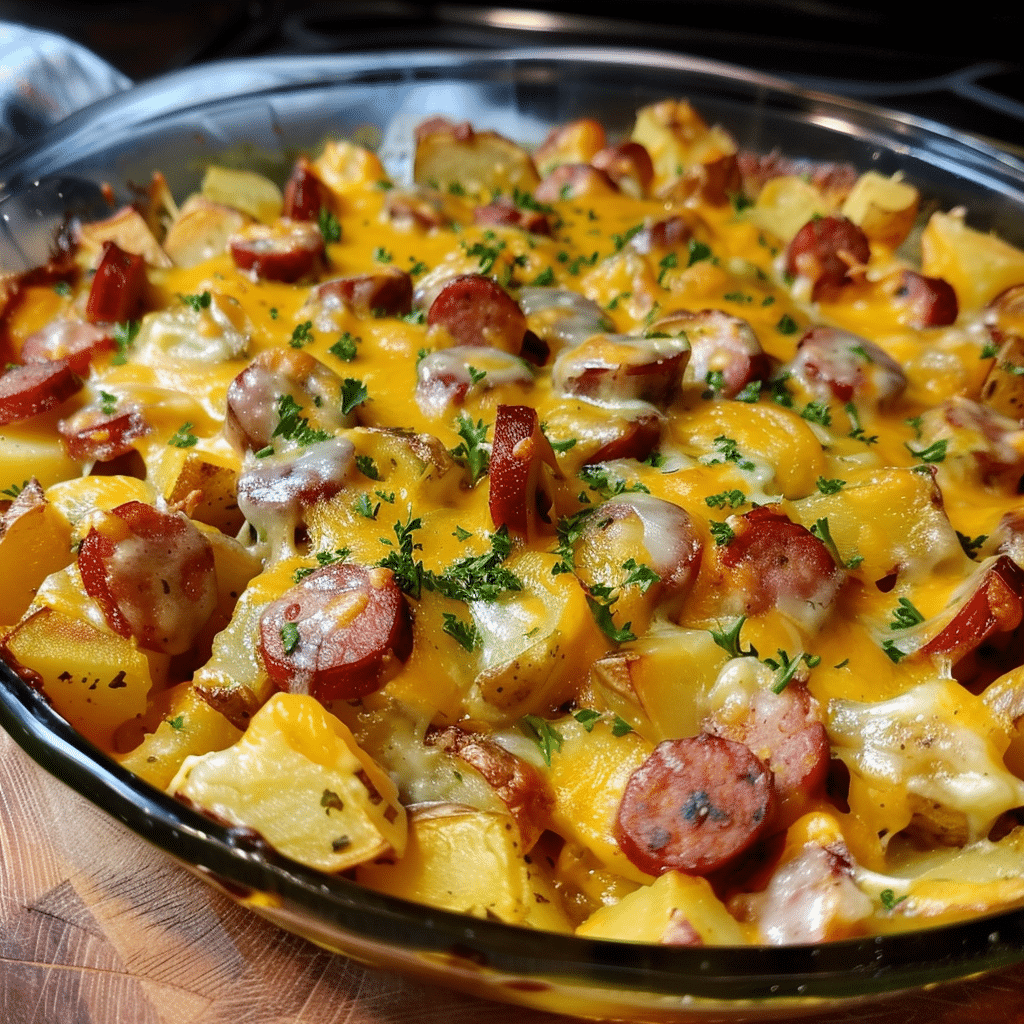 Easy Cheesy Potato & Smoked Sausage Casserole Recipe - elianarecipes.com